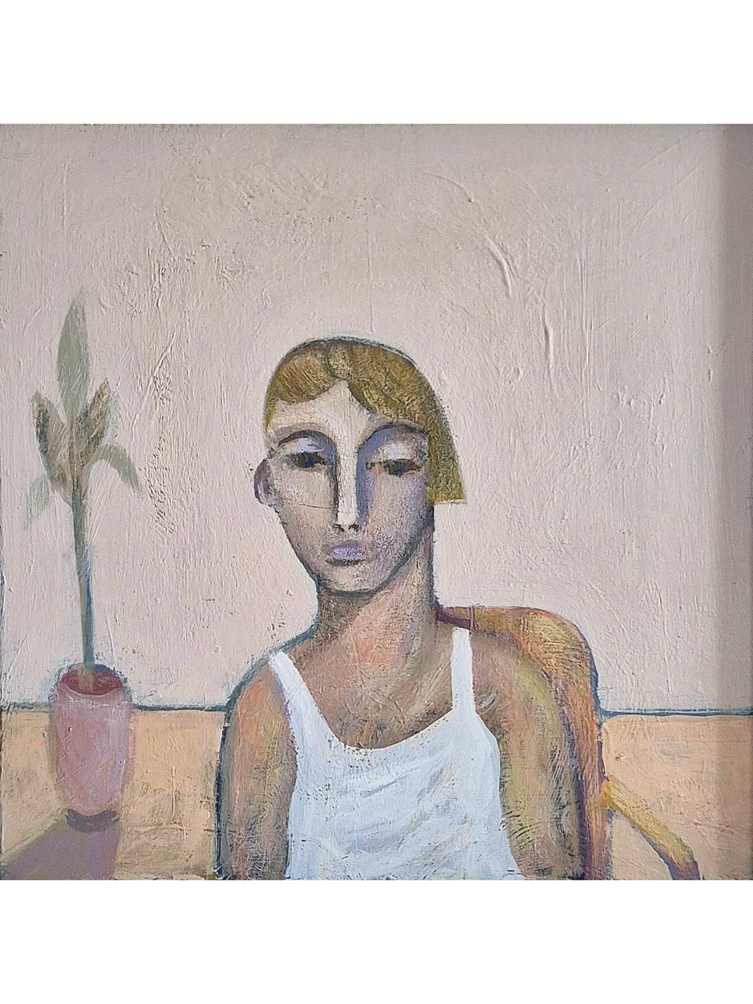 Seated Figure Waiting with Plant